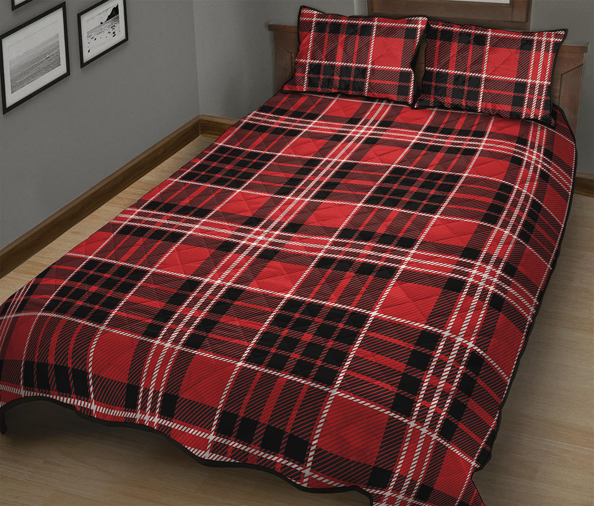 Red Black And White Scottish Plaid Print Quilt Bed Set