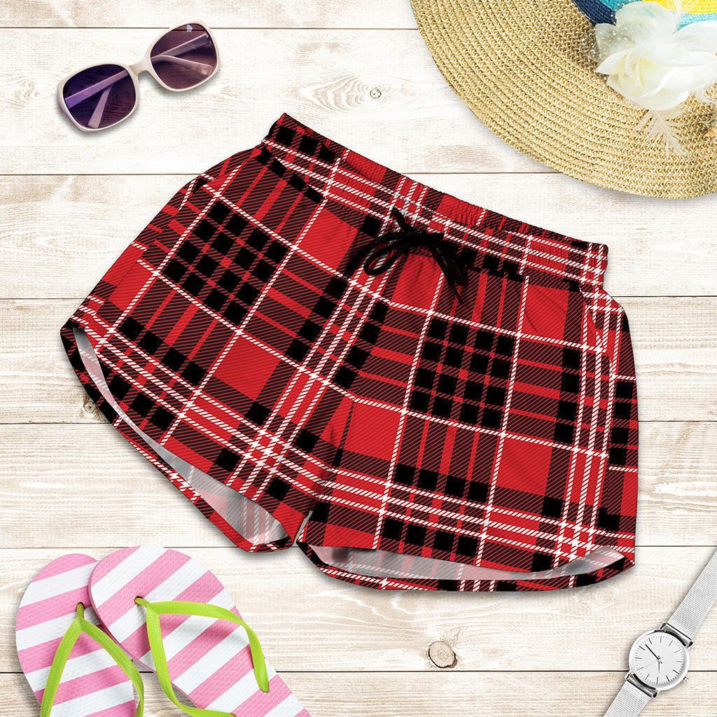 Red Black And White Scottish Plaid Print Women's Shorts