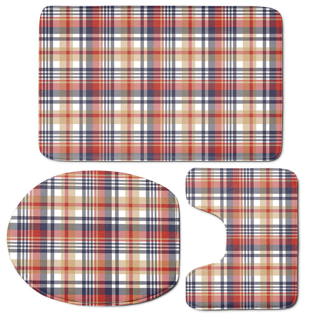 Red Blue And Beige Madras Plaid Print 3 Piece Bath Mat Set