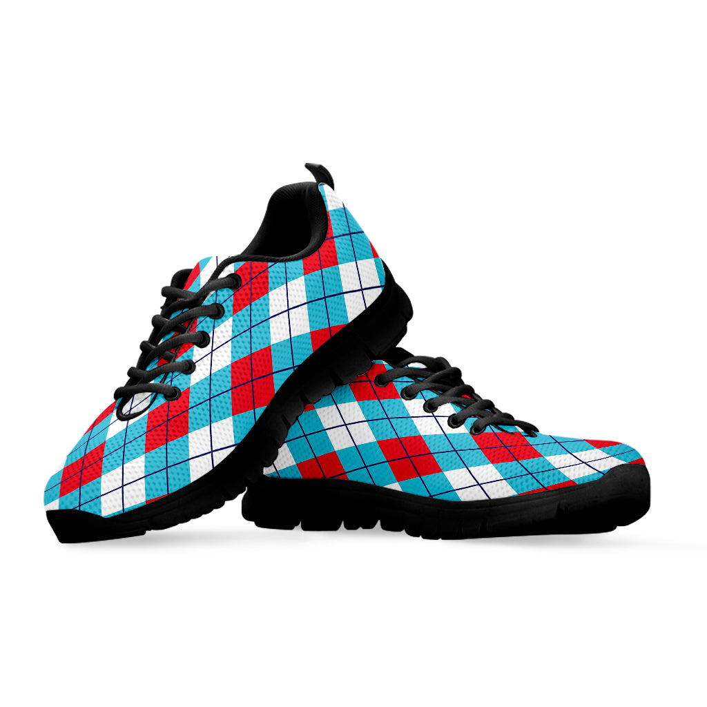 Red Blue And White Argyle Pattern Print Black Sneakers