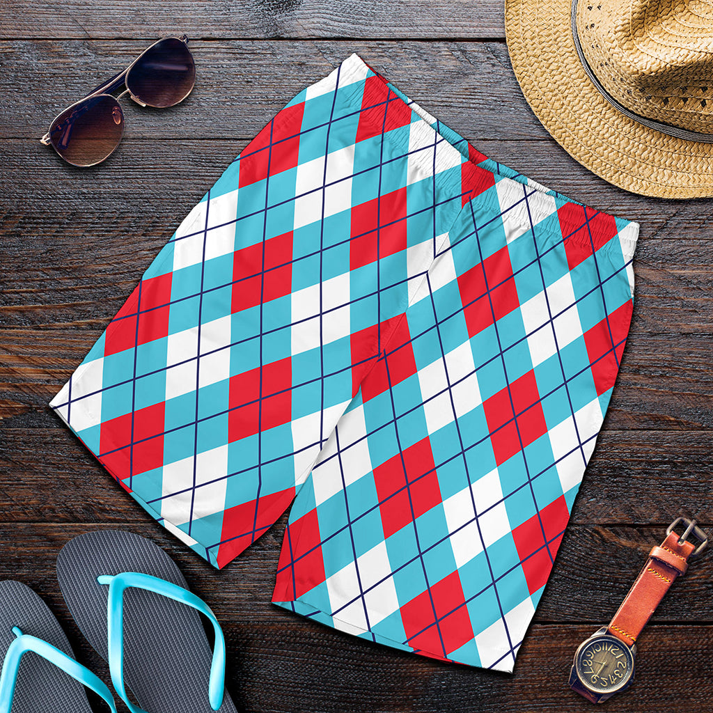 Red Blue And White Argyle Pattern Print Men's Shorts