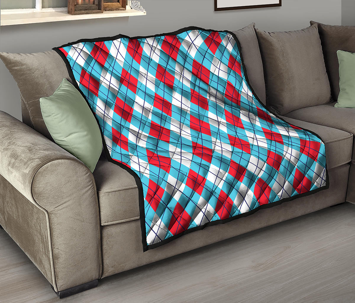 Red Blue And White Argyle Pattern Print Quilt