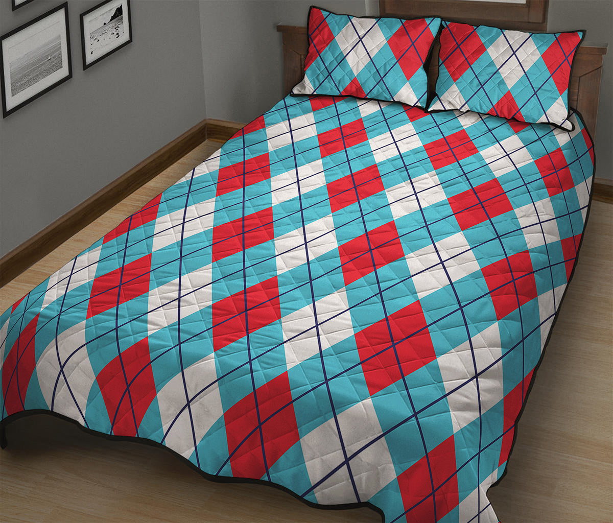 Red Blue And White Argyle Pattern Print Quilt Bed Set
