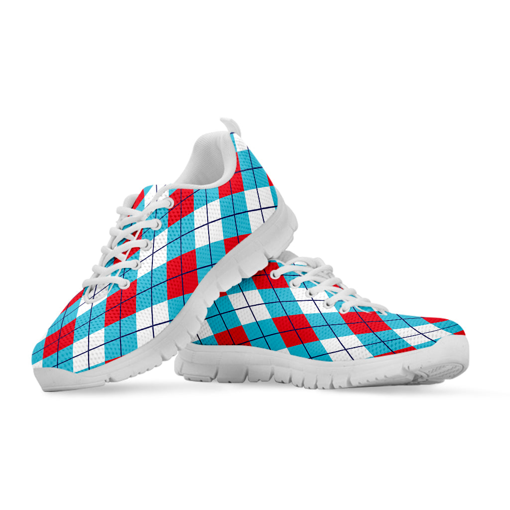 Red Blue And White Argyle Pattern Print White Sneakers