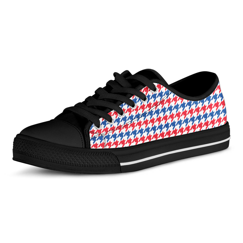 Red Blue And White Houndstooth Print Black Low Top Shoes