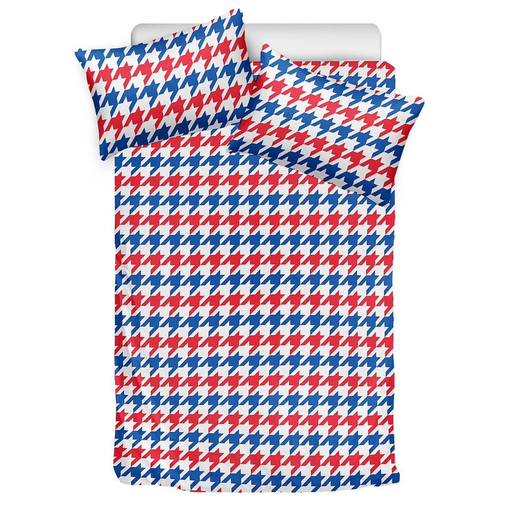 Red Blue And White Houndstooth Print Duvet Cover Bedding Set