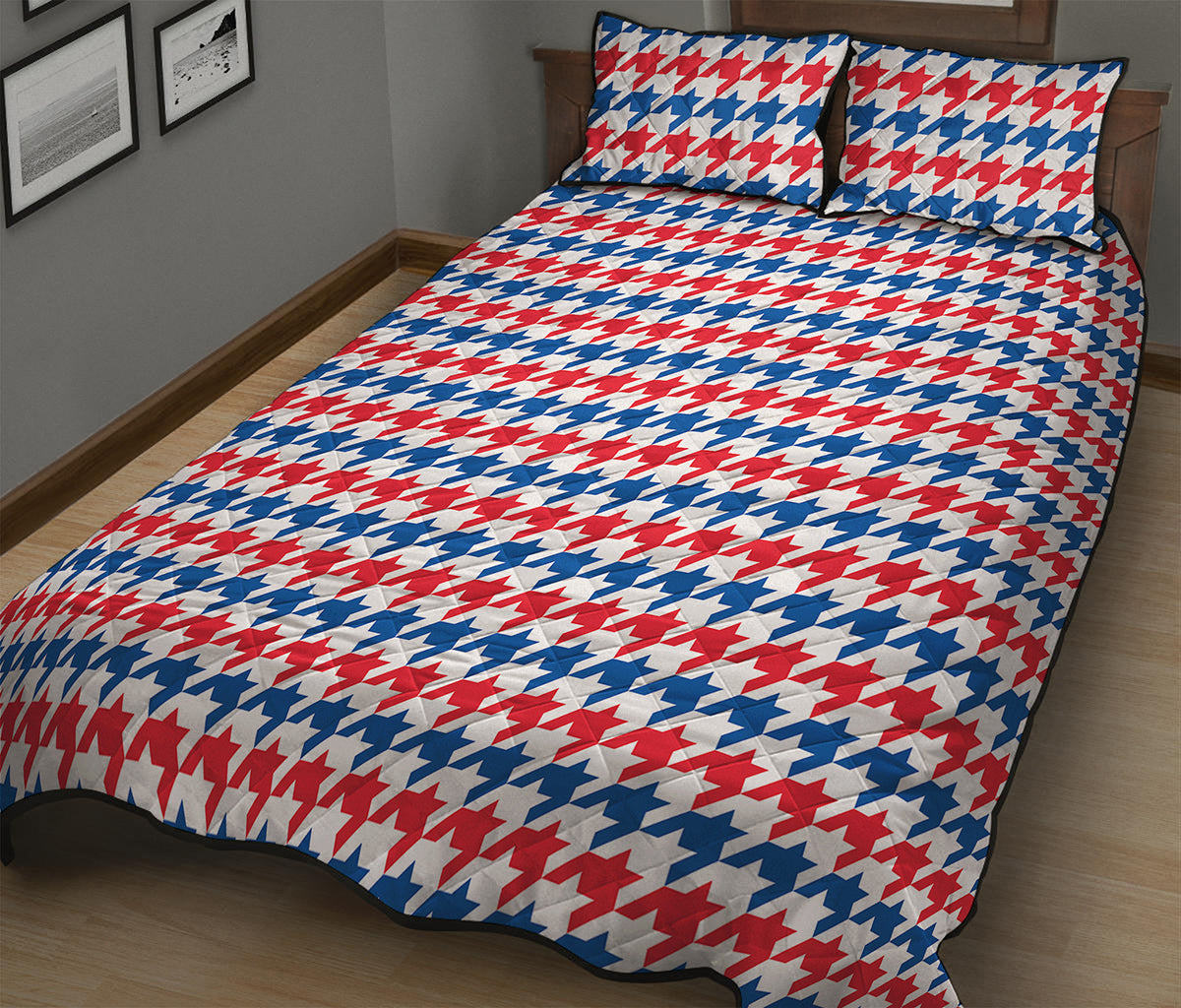 Red Blue And White Houndstooth Print Quilt Bed Set