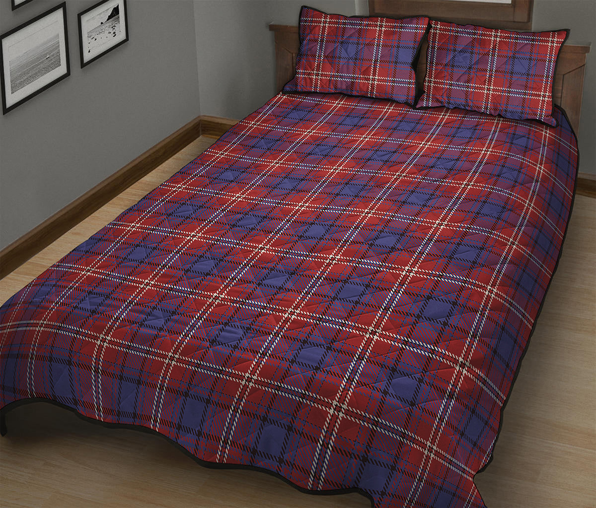Red Blue And White Tartan Pattern Print Quilt Bed Set