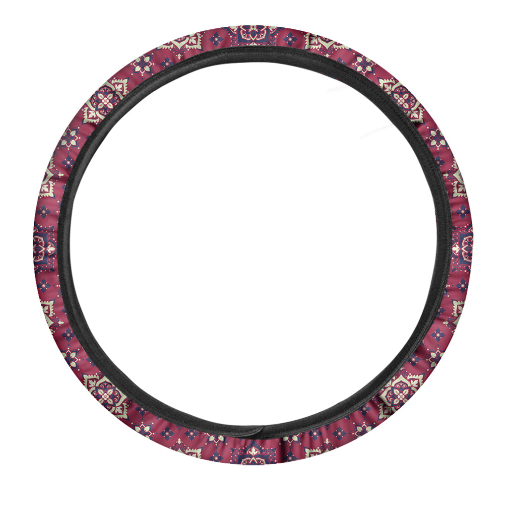 Red Boho Flower Pattern Print Car Steering Wheel Cover