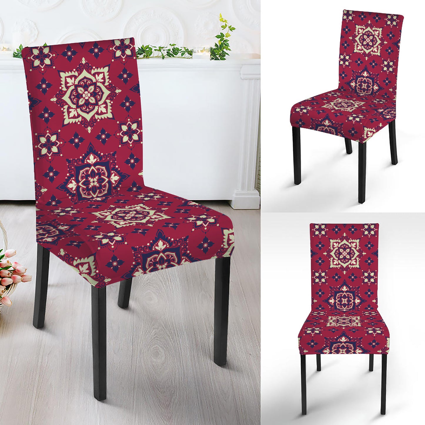 Red Boho Flower Pattern Print Dining Chair Slipcover