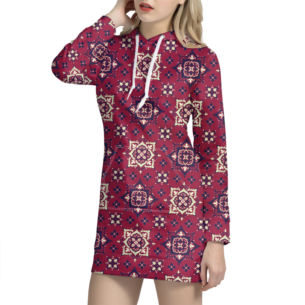 Red Boho Flower Pattern Print Hoodie Dress