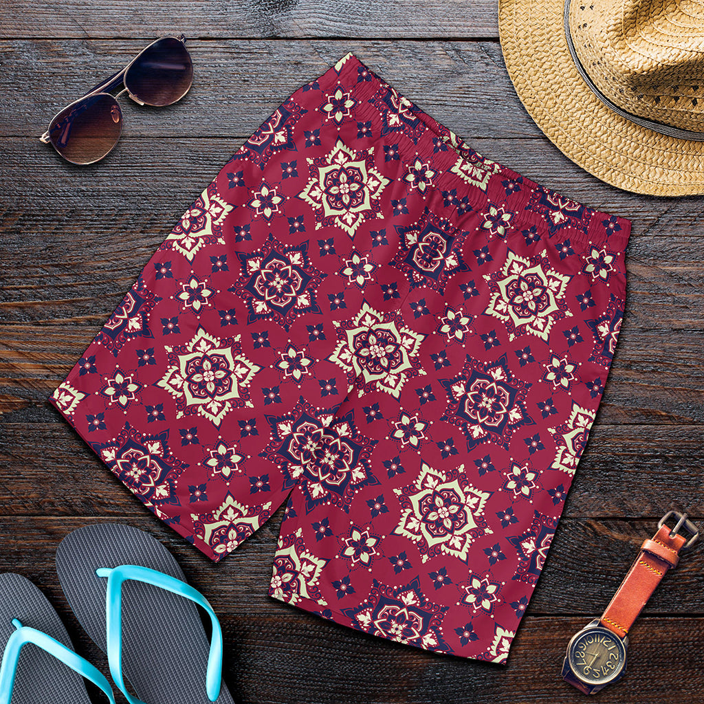 Red Boho Flower Pattern Print Men's Shorts
