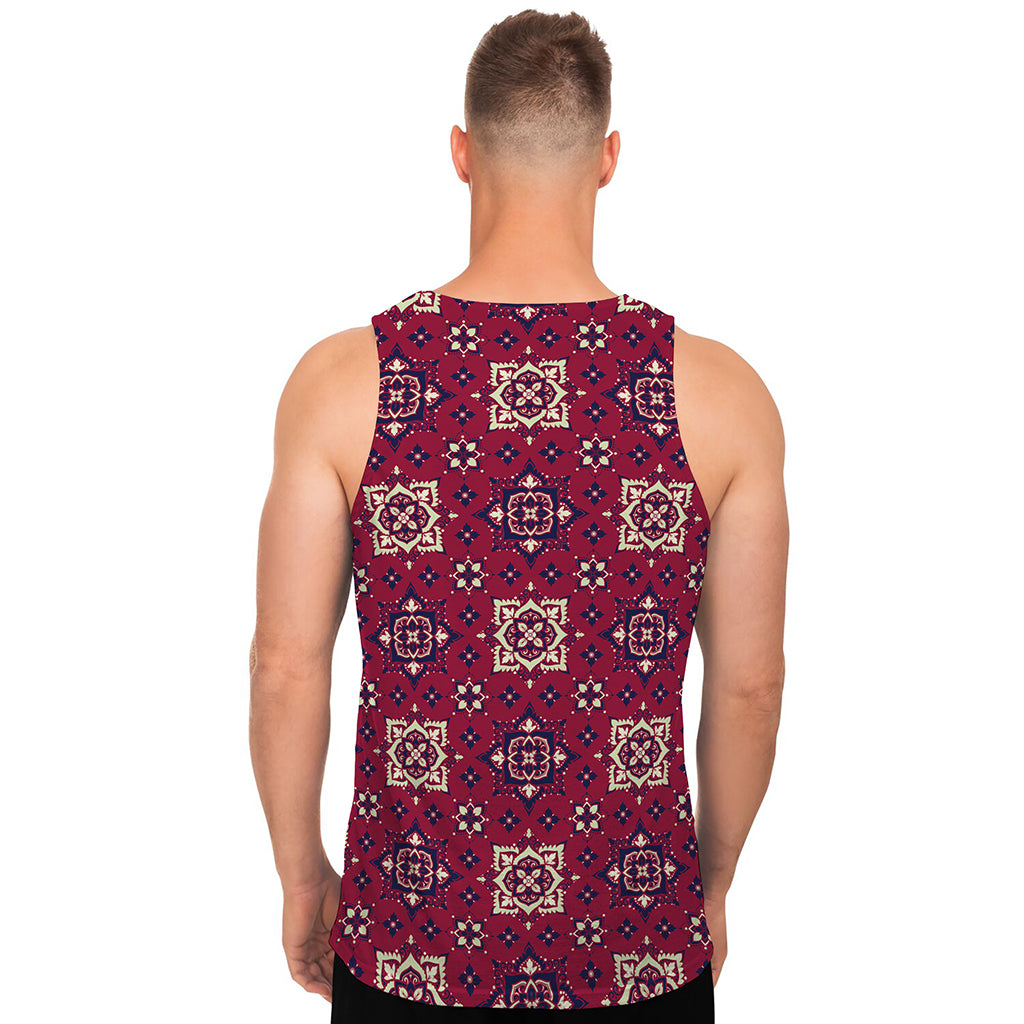 Red Boho Flower Pattern Print Men's Tank Top