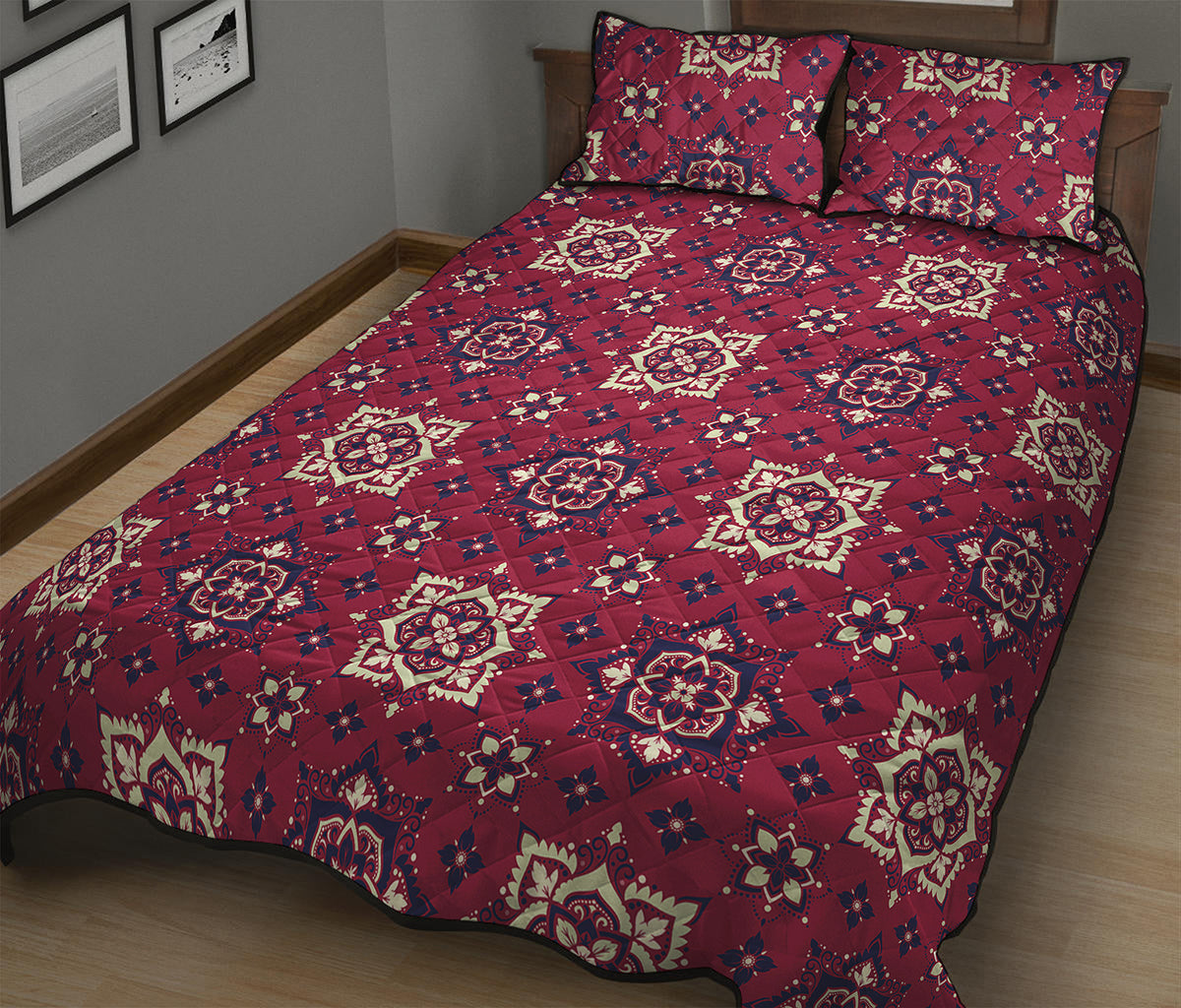 Red Boho Flower Pattern Print Quilt Bed Set