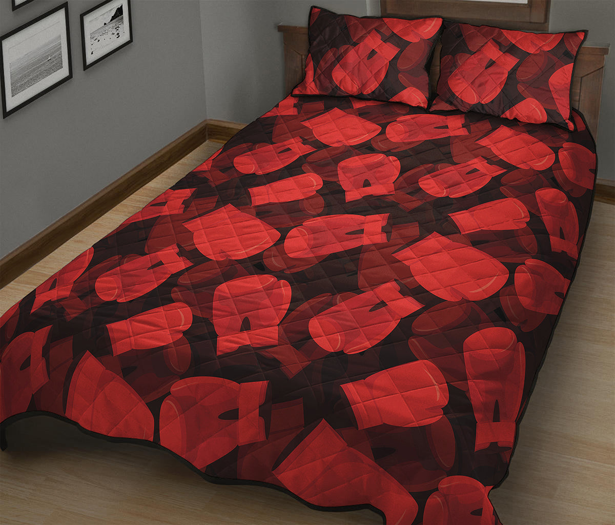 Red Boxing Gloves Pattern Print Quilt Bed Set