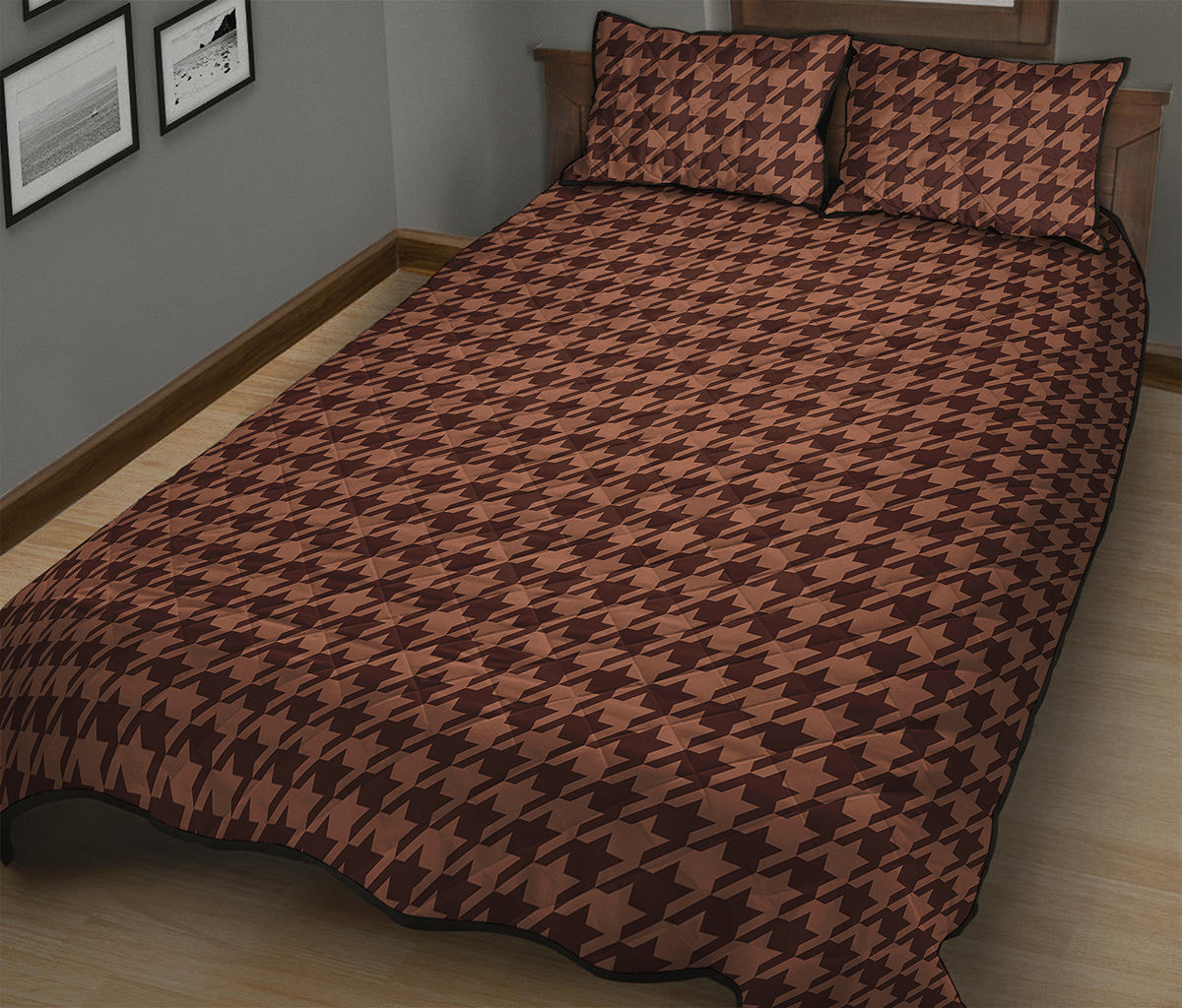 Red Brown Houndstooth Pattern Print Quilt Bed Set