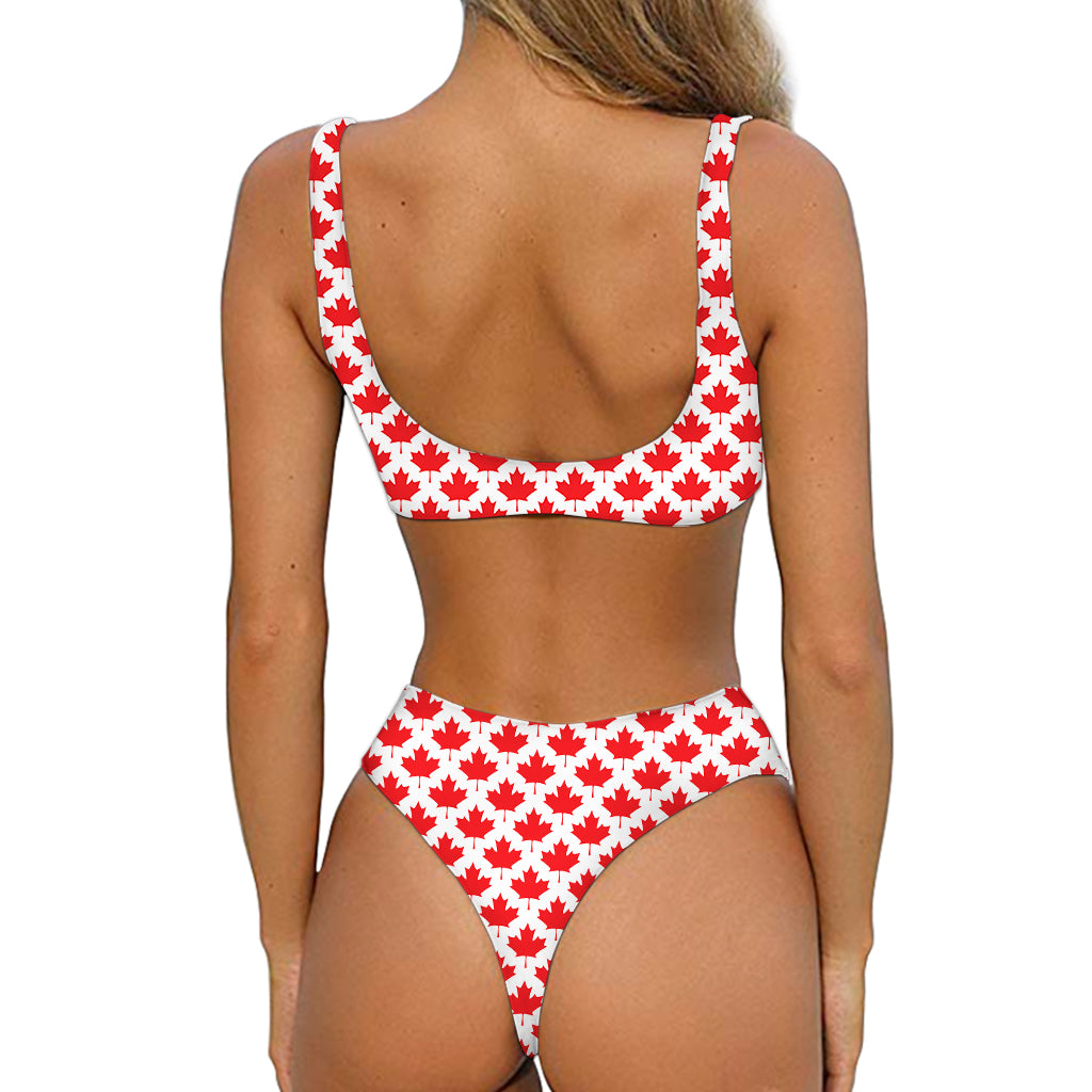 Red Canadian Maple Leaf Pattern Print Front Bow Tie Bikini