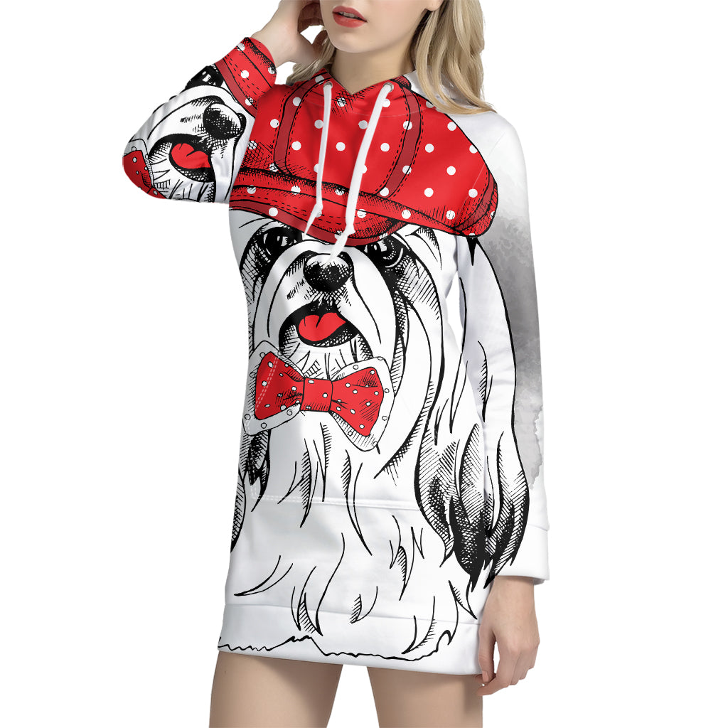 Red Cap Yorkshire Terrier Print Pullover Hoodie Dress
