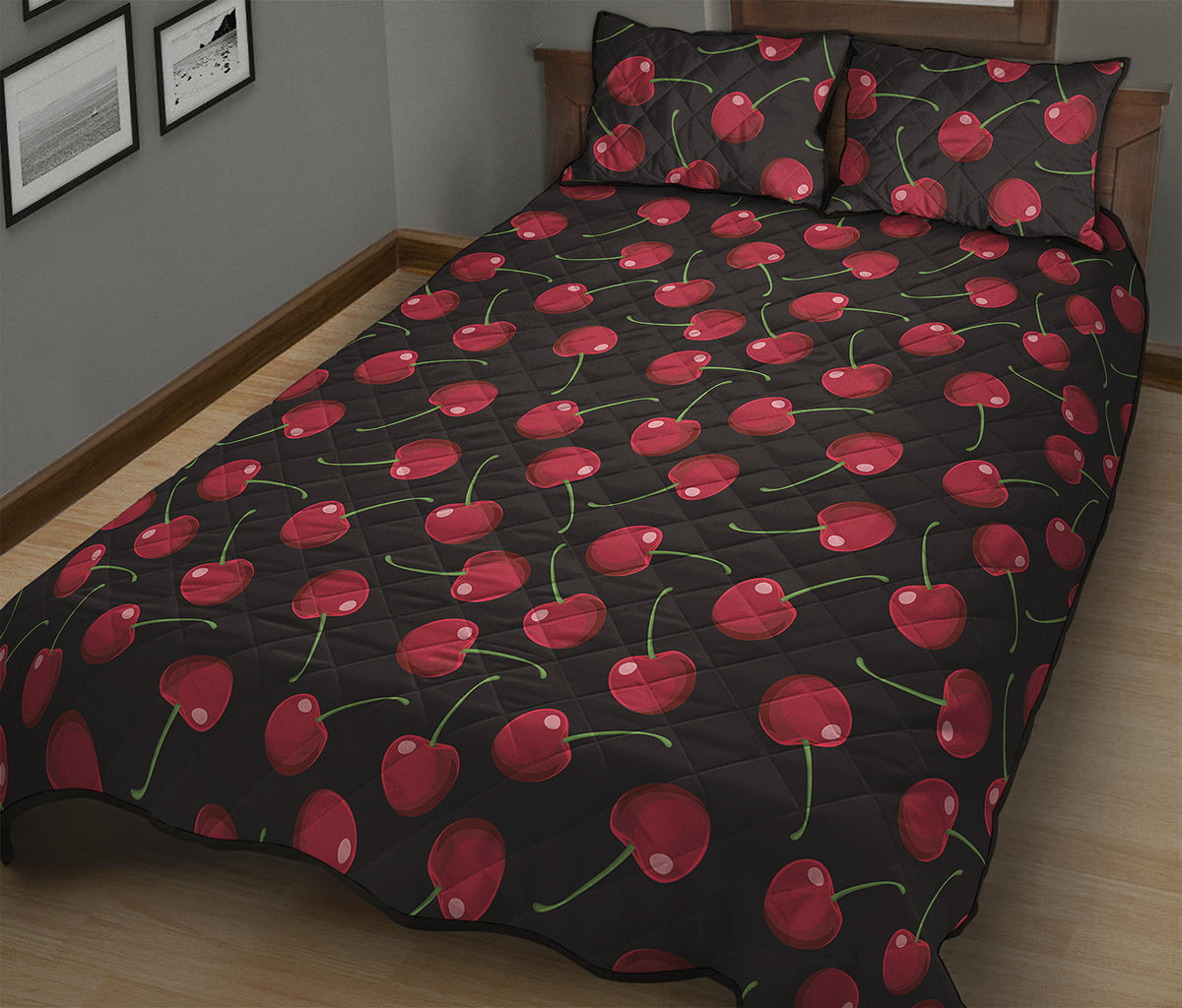 Red Cherry Pattern Print Quilt Bed Set