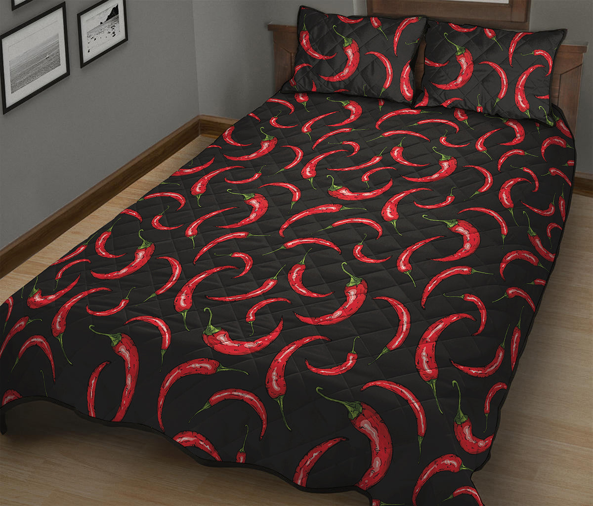 Red Chili Peppers Pattern Print Quilt Bed Set