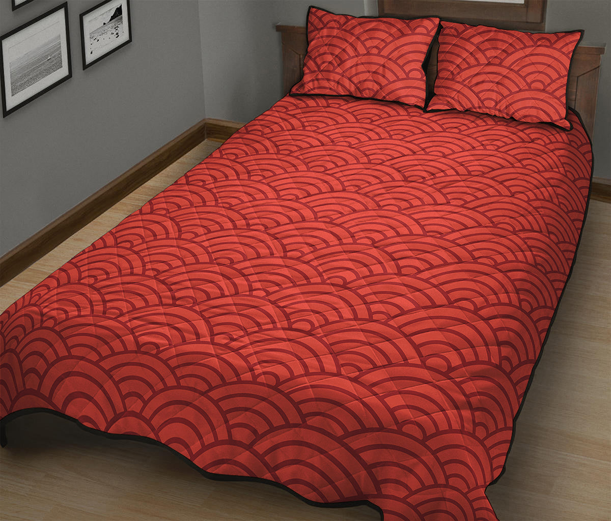 Red Chinese Pattern Print Quilt Bed Set