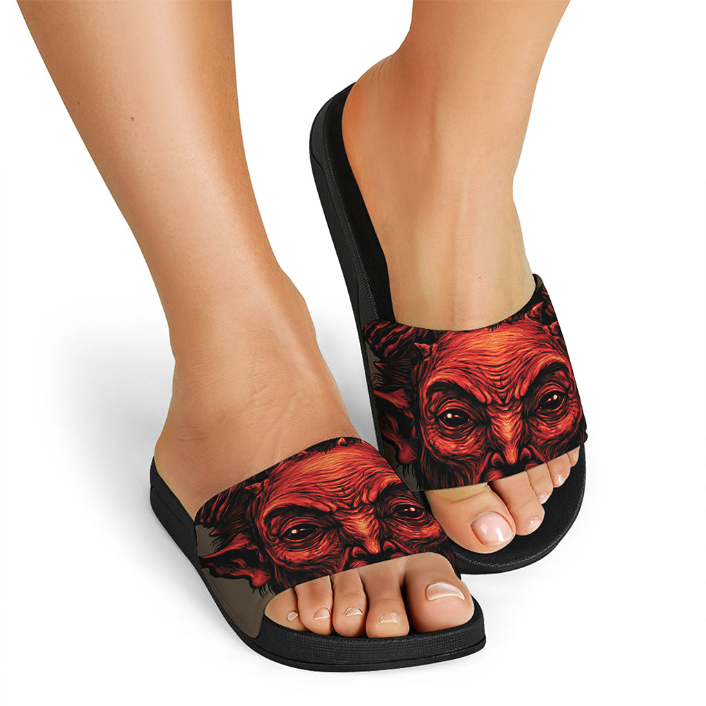 Red Devil Satan Print Black Slide Sandals