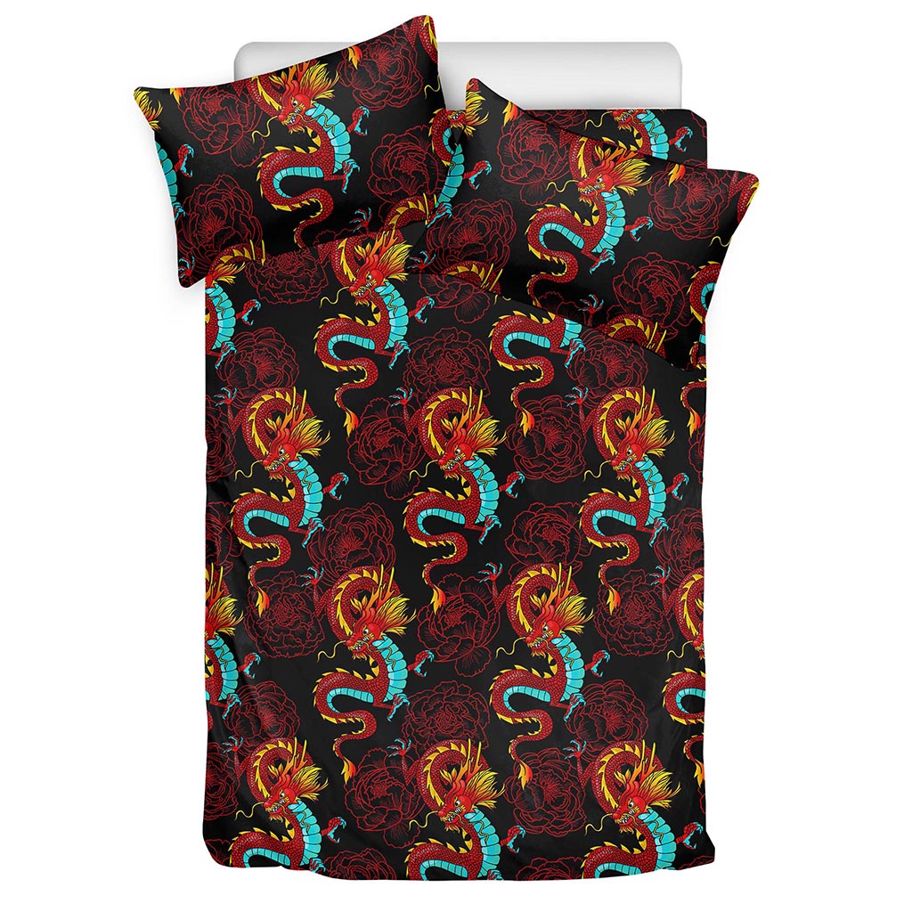 Red Dragon Lotus Pattern Print Duvet Cover Bedding Set
