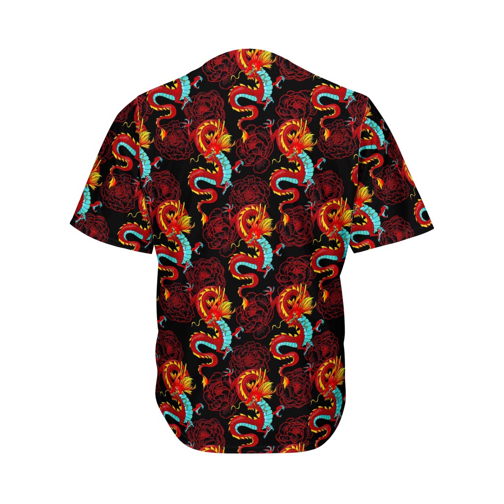 Red Dragon Lotus Pattern Print Men's Baseball Jersey