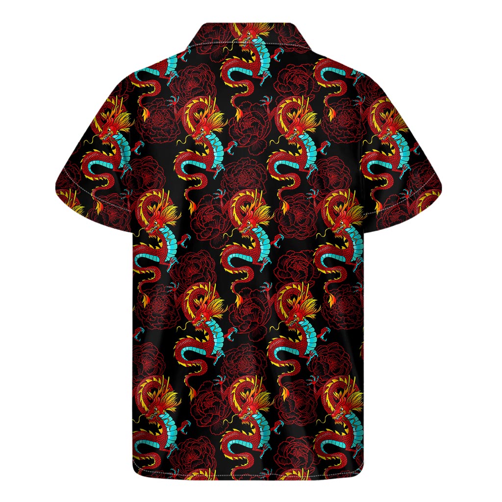 Red Dragon Lotus Pattern Print Men's Short Sleeve Shirt
