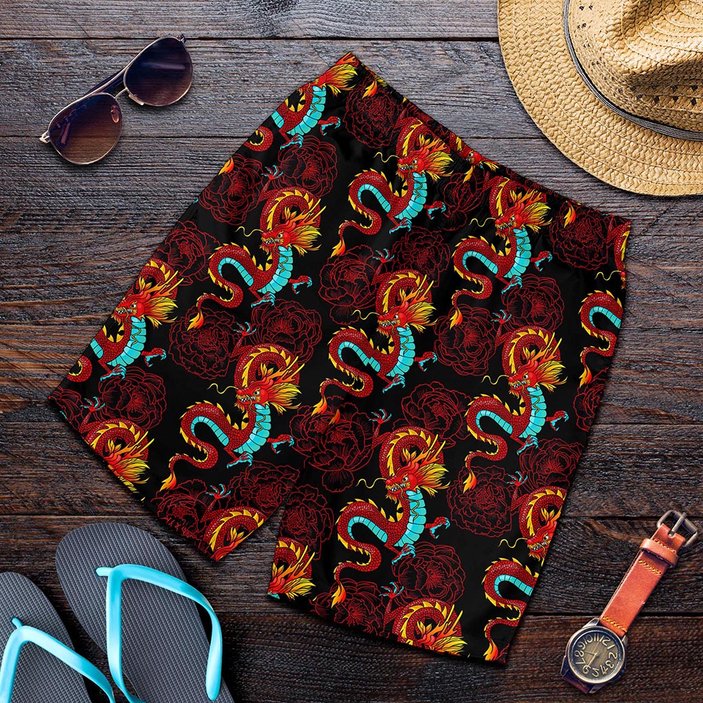 Red Dragon Lotus Pattern Print Men's Shorts