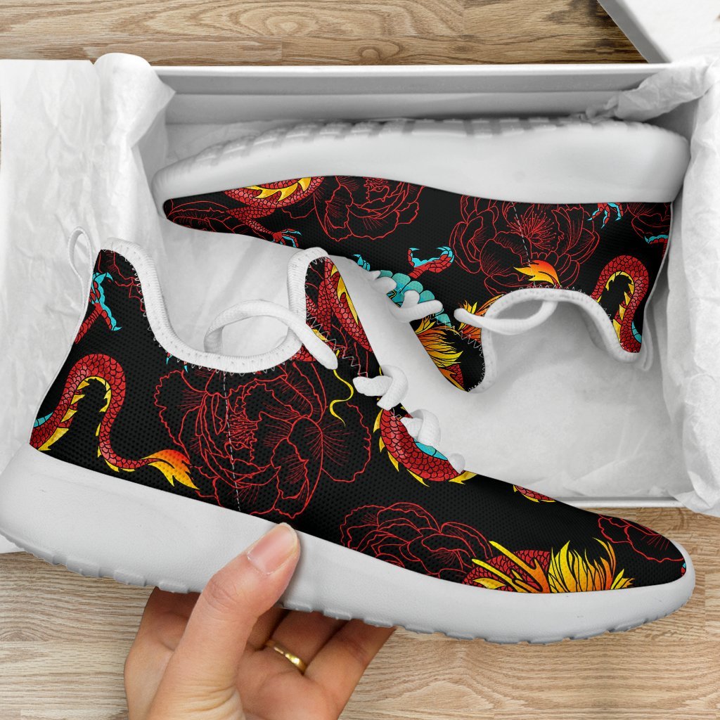 Red Dragon Lotus Pattern Print Mesh Knit Shoes GearFrost