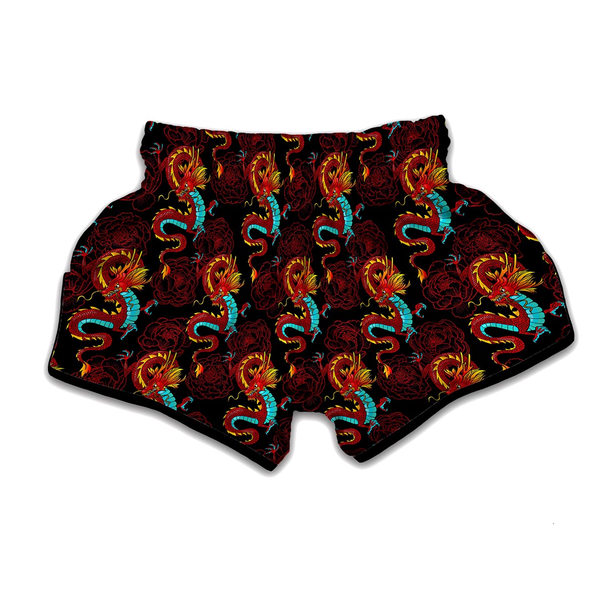 Red Dragon Lotus Pattern Print Muay Thai Boxing Shorts