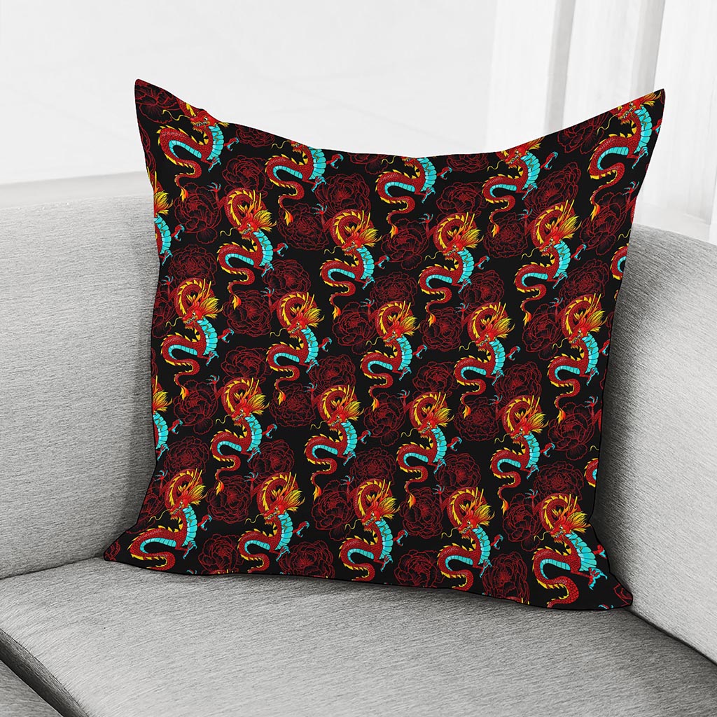 Red Dragon Lotus Pattern Print Pillow Cover
