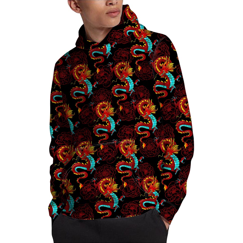 Red Dragon Lotus Pattern Print Pullover Hoodie