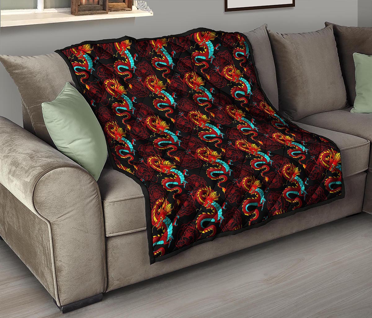 Red Dragon Lotus Pattern Print Quilt