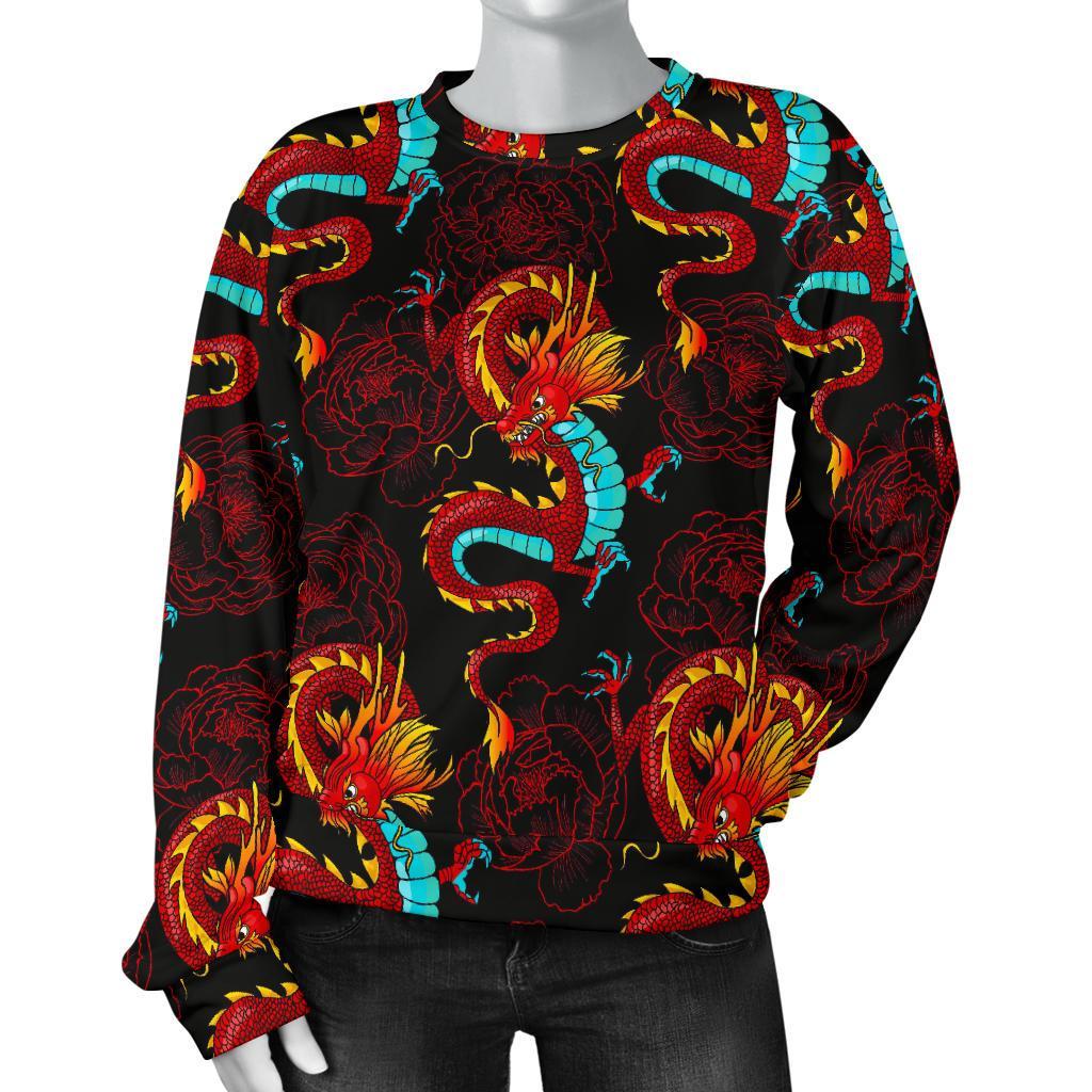 Red Dragon Lotus Pattern Print Women's Crewneck Sweatshirt GearFrost