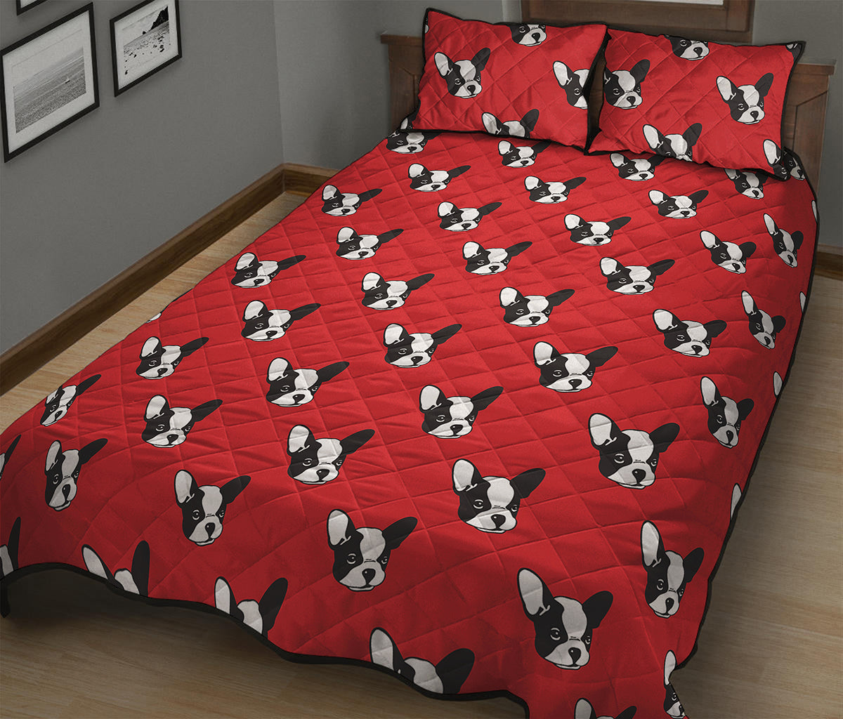 Red French Bulldog Pattern Print Quilt Bed Set