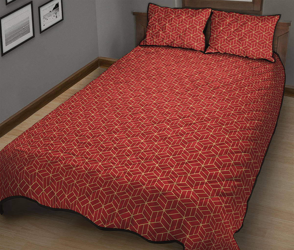 Red Geometric Japanese Pattern Print Quilt Bed Set