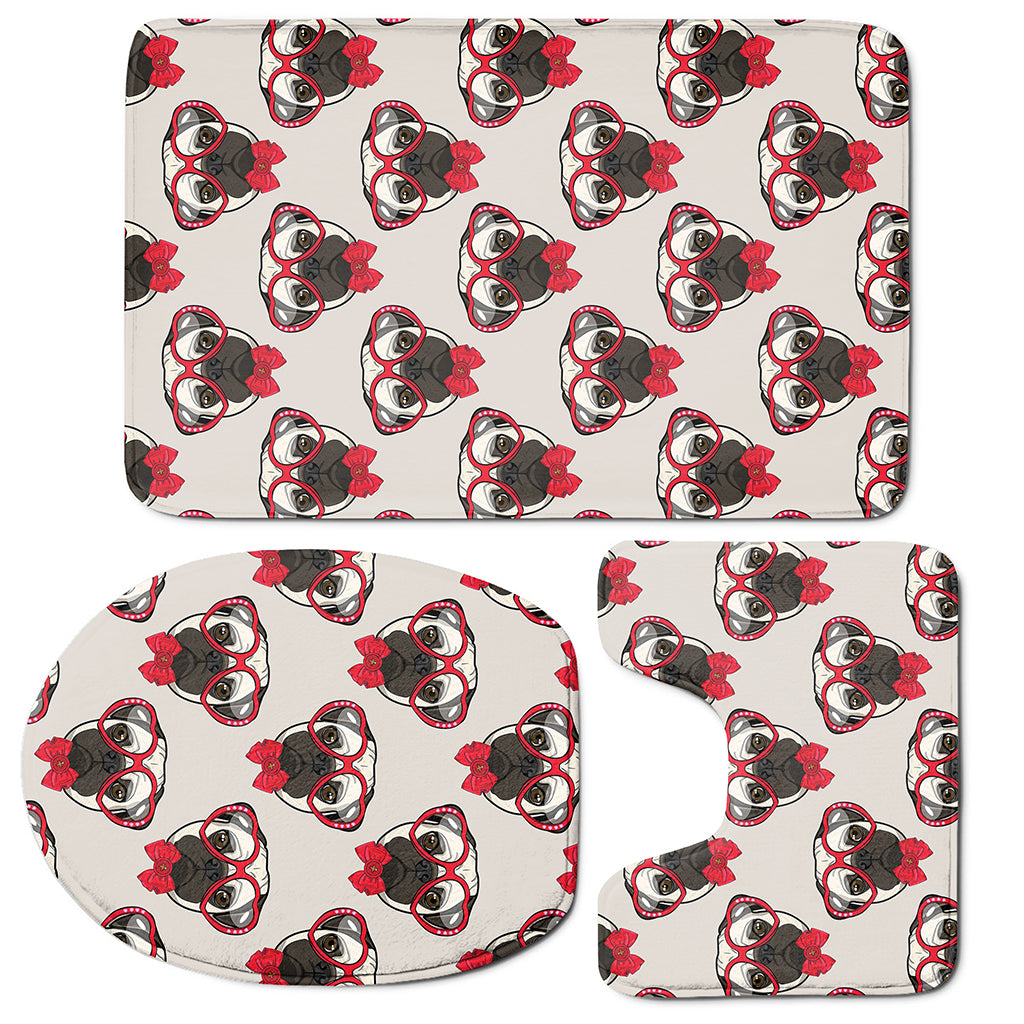 Red Glasses Pug Pattern Print 3 Piece Bath Mat Set
