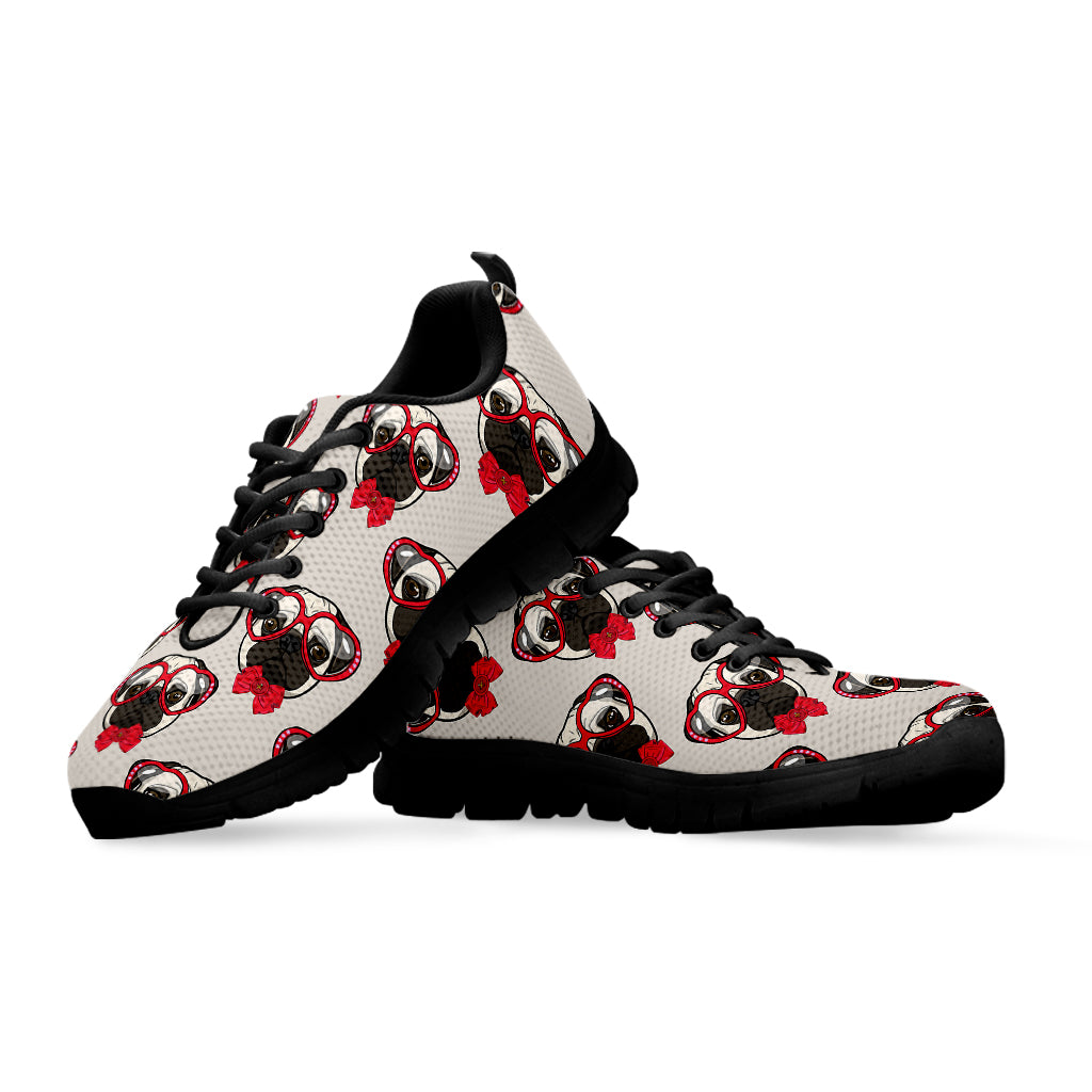 Red Glasses Pug Pattern Print Black Sneakers