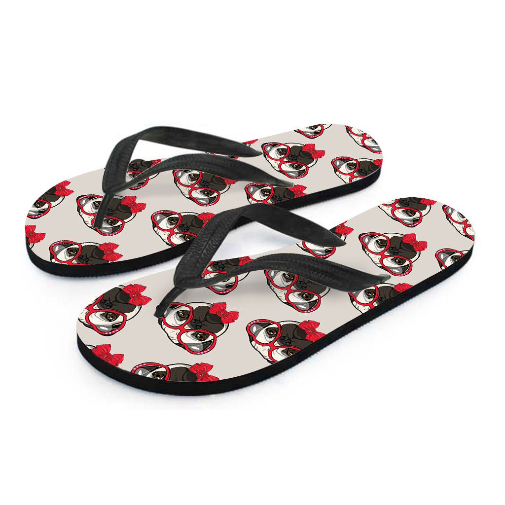 Red Glasses Pug Pattern Print Flip Flops