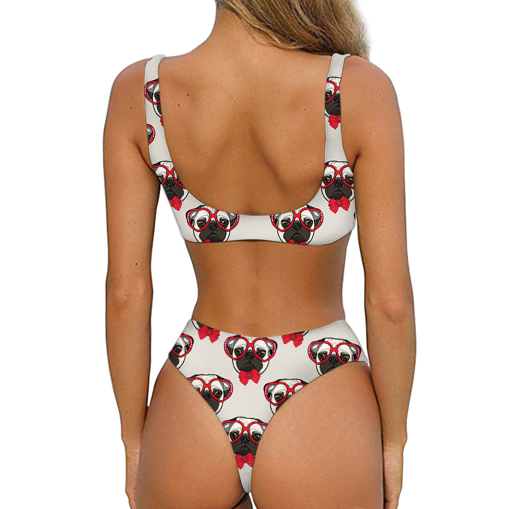 Red Glasses Pug Pattern Print Front Bow Tie Bikini