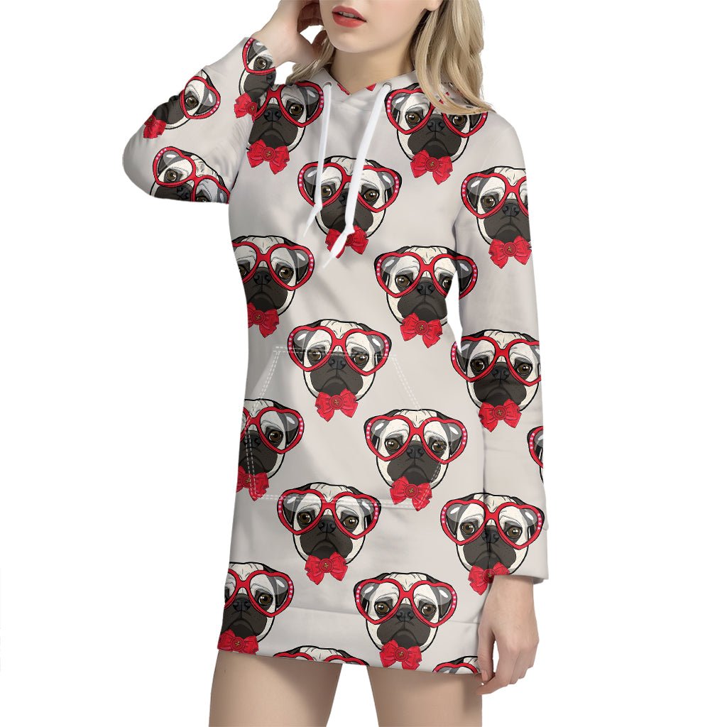 Red Glasses Pug Pattern Print Hoodie Dress