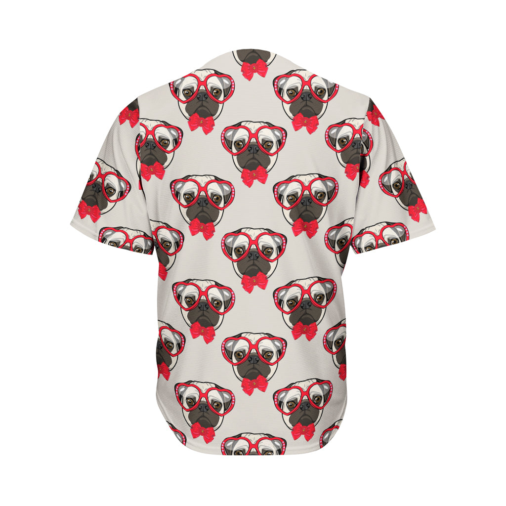 Red Glasses Pug Pattern Print Men's Baseball Jersey