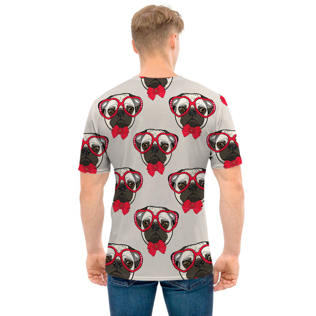 Red Glasses Pug Pattern Print Men's T-Shirt
