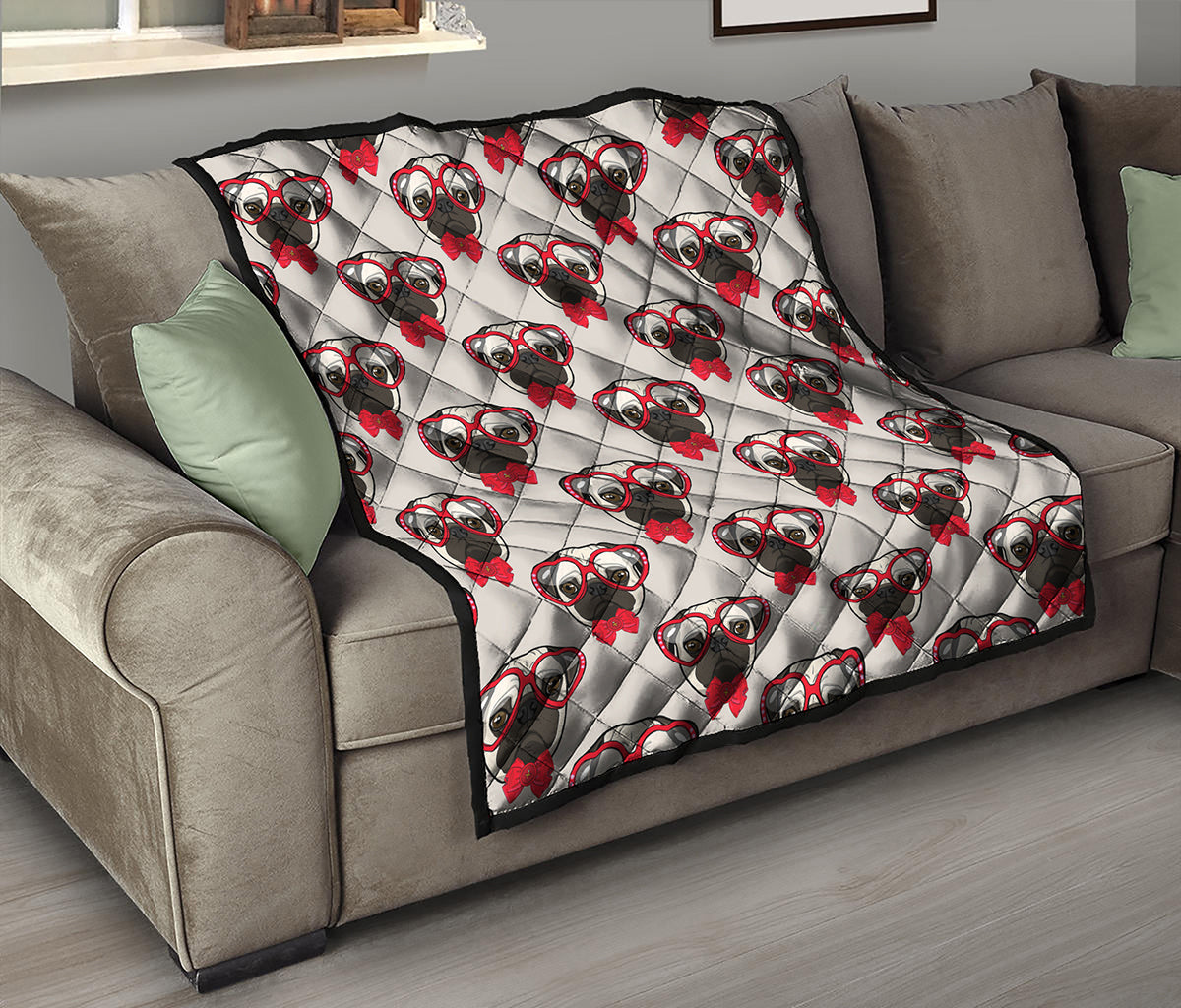 Red Glasses Pug Pattern Print Quilt