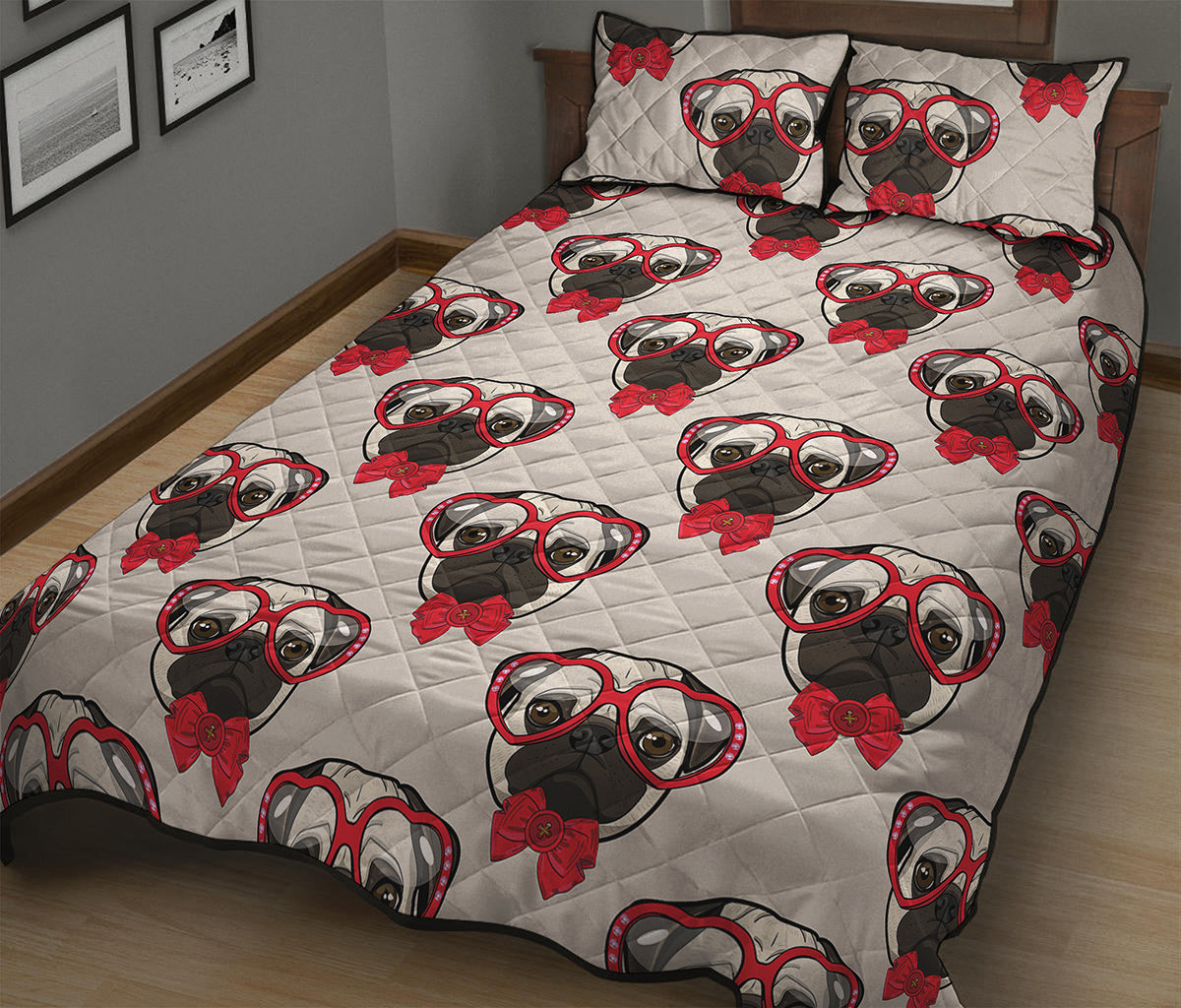 Red Glasses Pug Pattern Print Quilt Bed Set