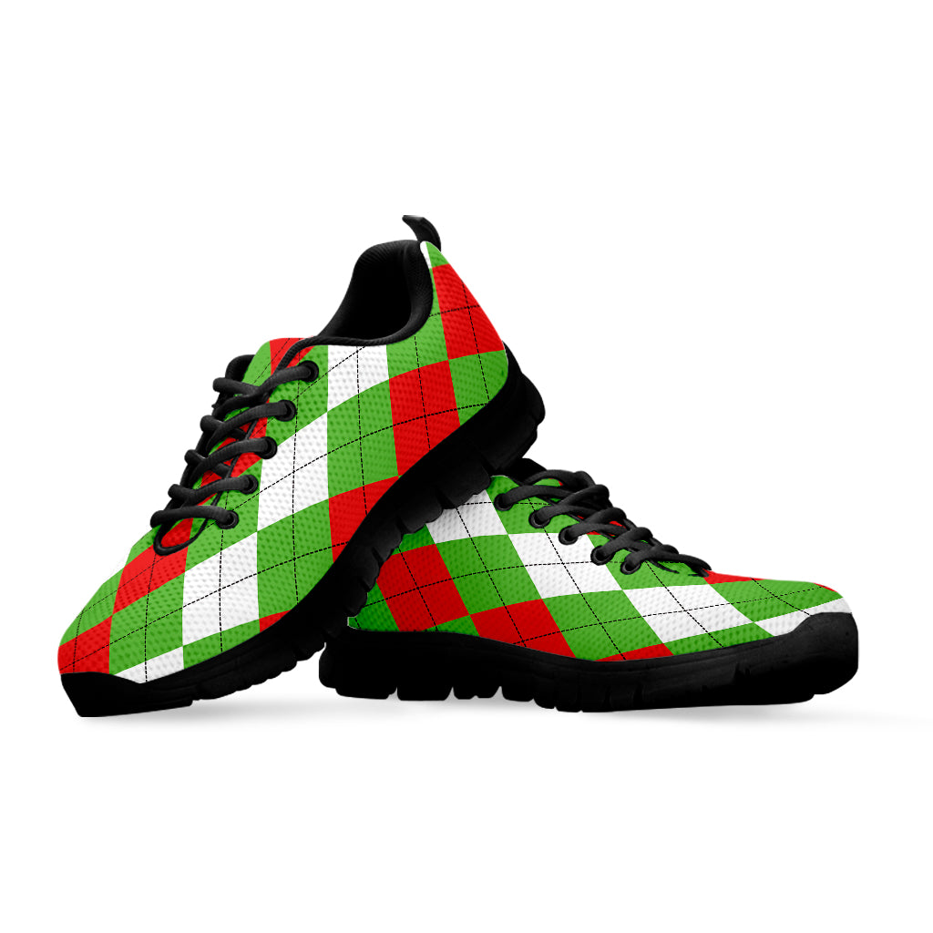 Red Green And White Argyle Pattern Print Black Sneakers
