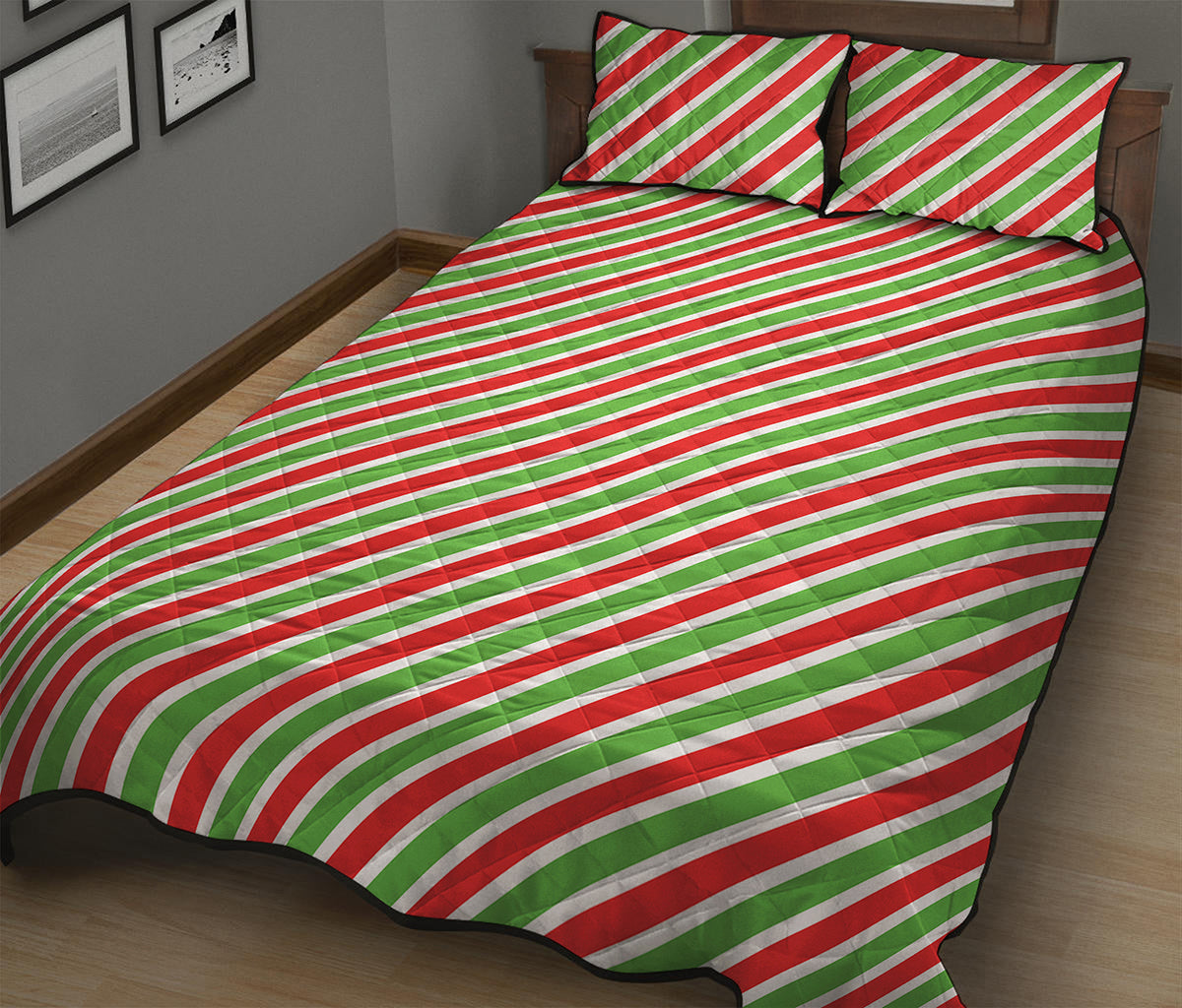 Red Green And White Candy Cane Print Quilt Bed Set