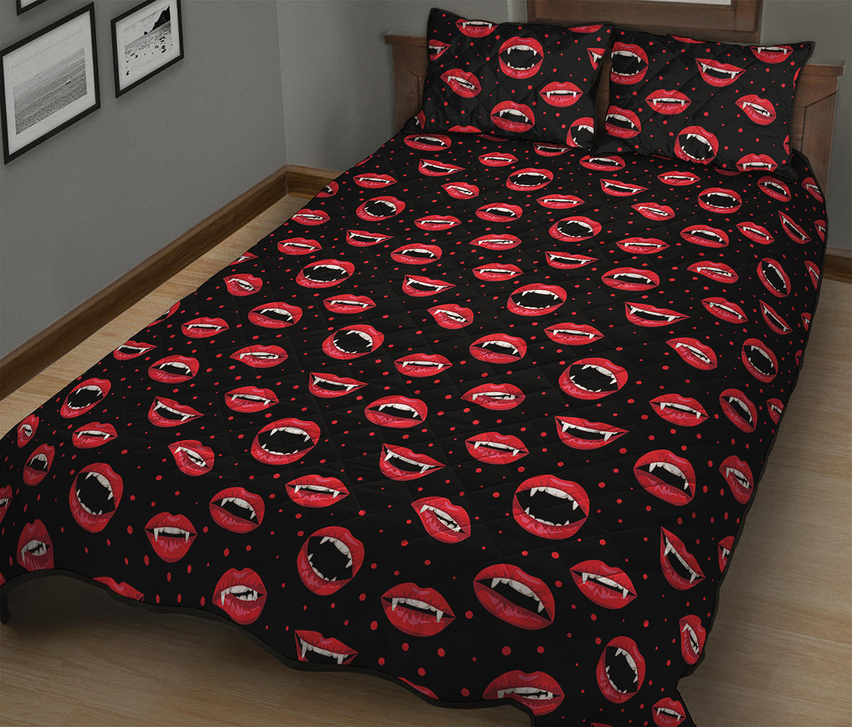Red Halloween Vampire Lips Pattern Print Quilt Bed Set